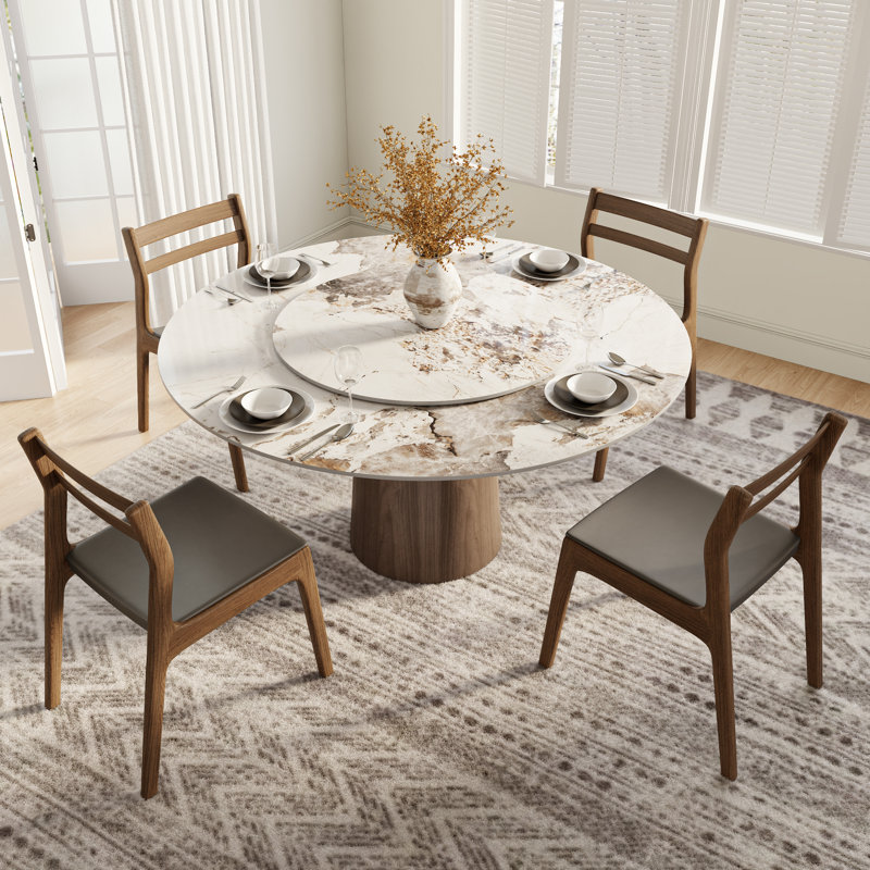 Amberly Stylish Round Dining Table With Lazy Susan - Stone Top And Solid Wood Base For Modern Dining, Pandora