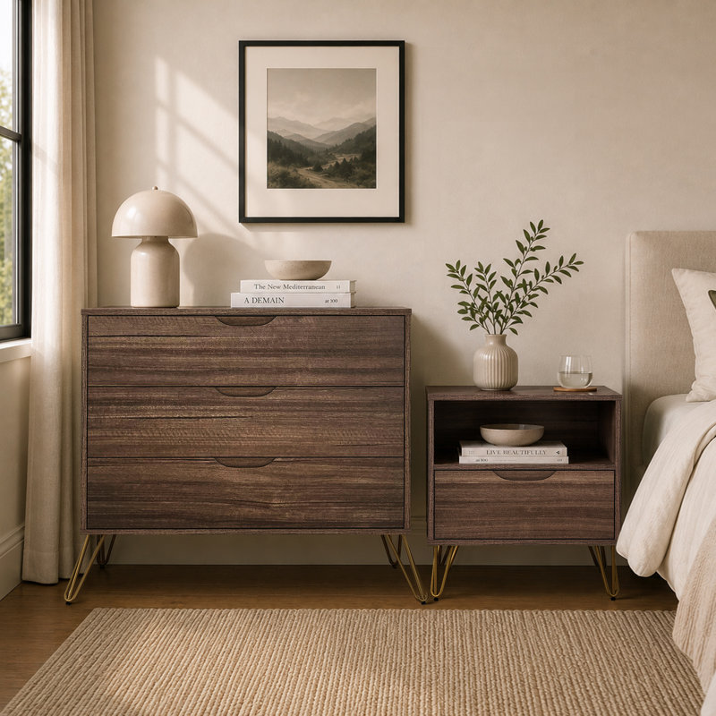 Ensemble de chambre à coucher avec commode et table de chevet 2 pièces Avira, Brun