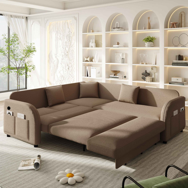 Canapé-lit en L avec lit escamotable, canapé-lit convertible surdimensionné avec poche latérale et port USB, canapé modulaire rembourré en peluche