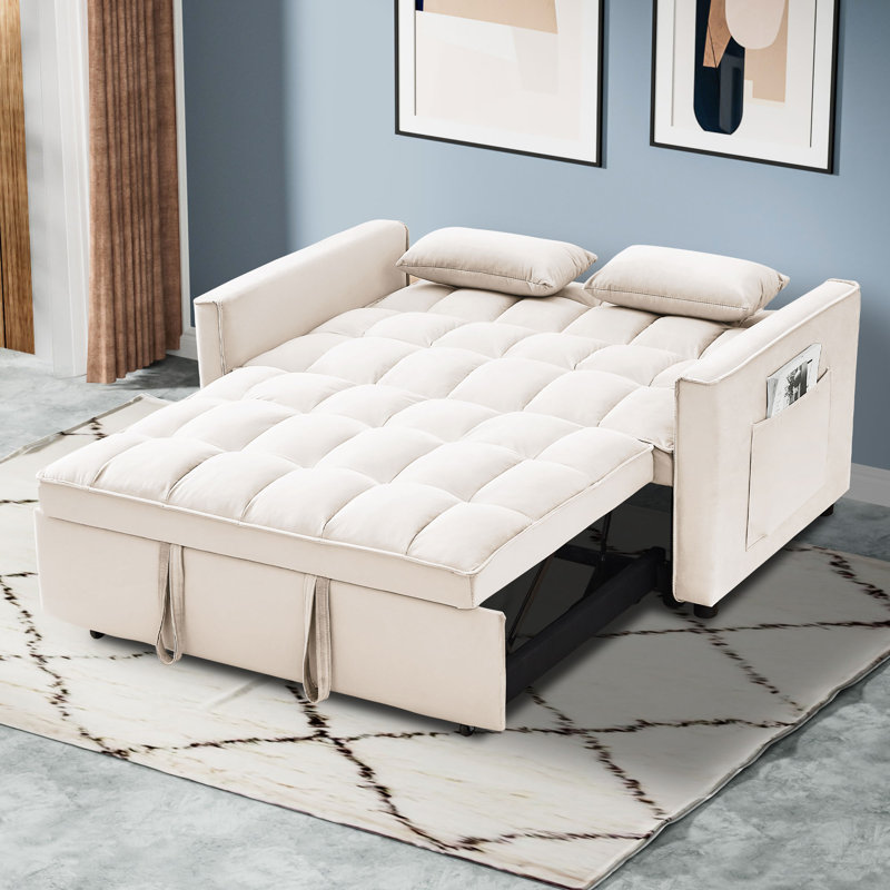 55" Velvet Upholstered Sleeper Sofa Convertible Couch with Reclining Backrest, Beige Velvet