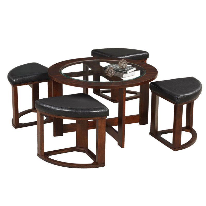 Cylina Solid Wood Glass Top Round Table Set, Coffee Table with 4 Stools