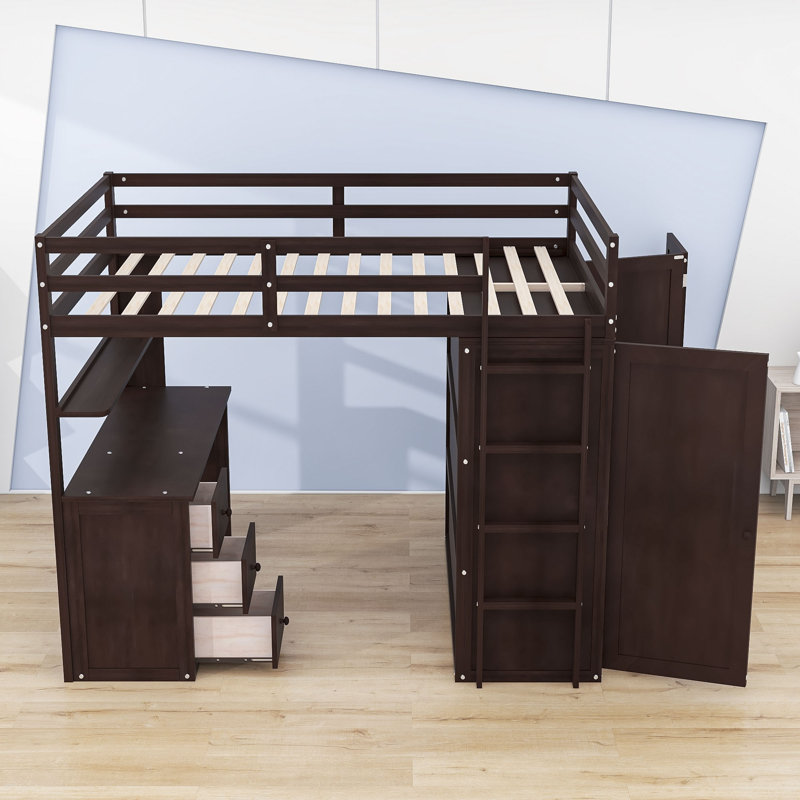 Keisler Full Size Wood Loft Bed with 3 Drawers, Desk and Wardrobe, Espresso
