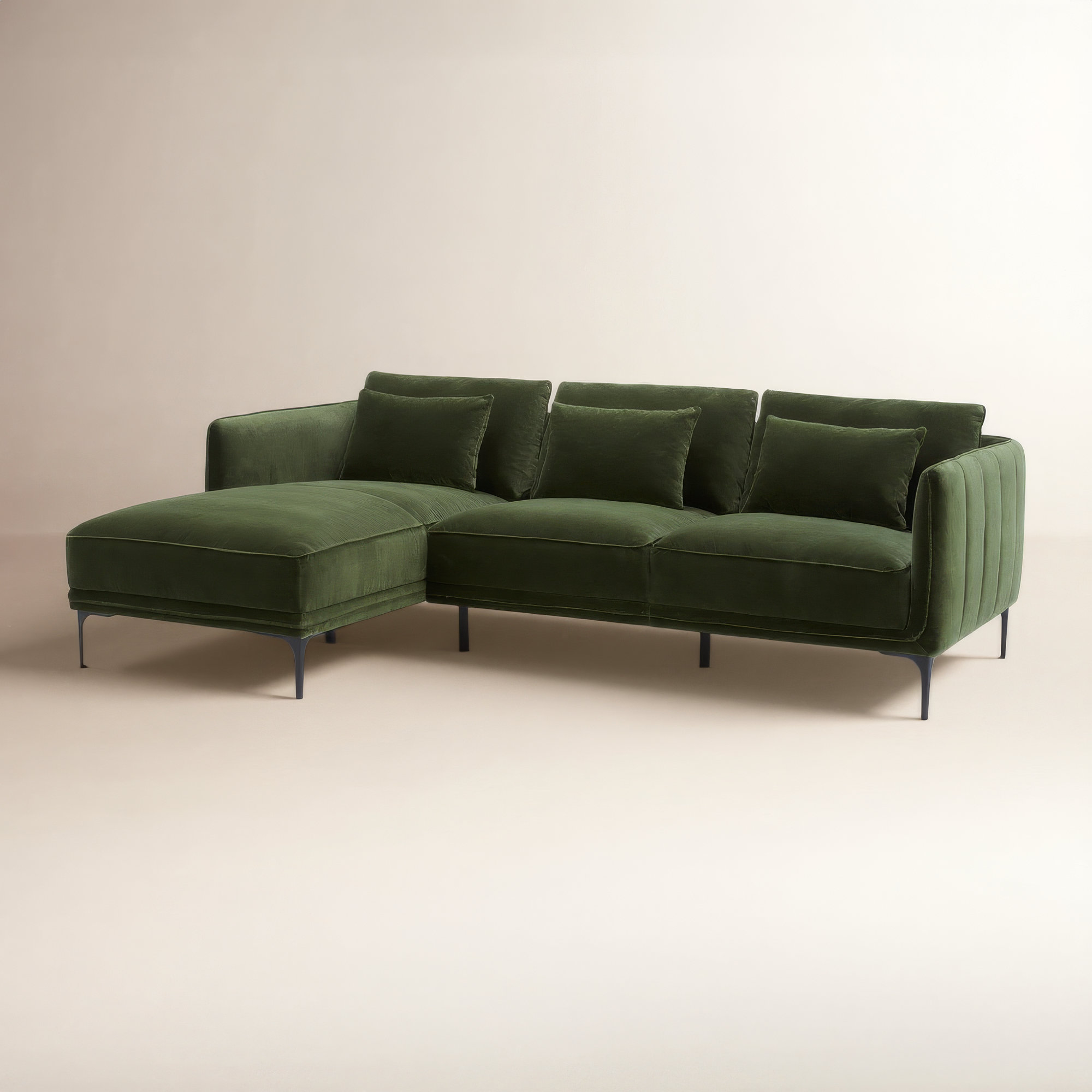 Rae Upholstered Chaise L-Sectional, Green Cotton Blend, Left Hand Facing