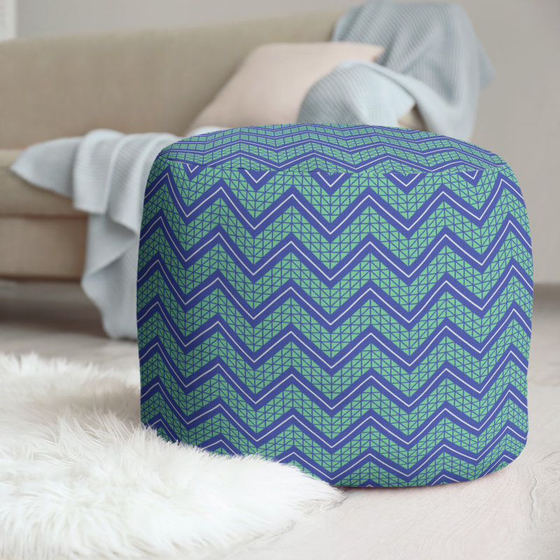 Upholstered Pouf, Blue White/Green