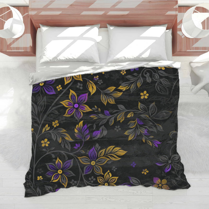 Floral Botanical Illustration Comforter, Twin Extra Long, Deep Black Purple