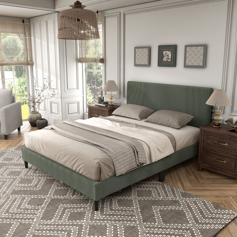 Upholstered Platform Bed, Green