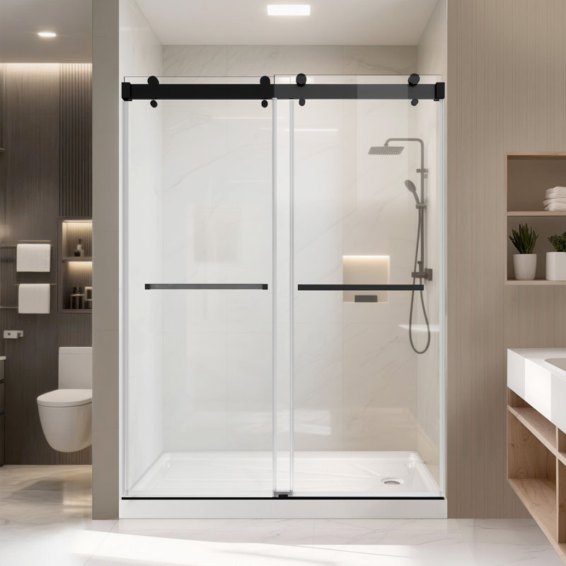 Porte de douche coulissante l 54 po x H 76 po, verre trempé de 3/8 po (10 mm), rail en acier inoxydable, glissement en douceur avec tampon, plage réglable de 4 po, installation à gauche / droite