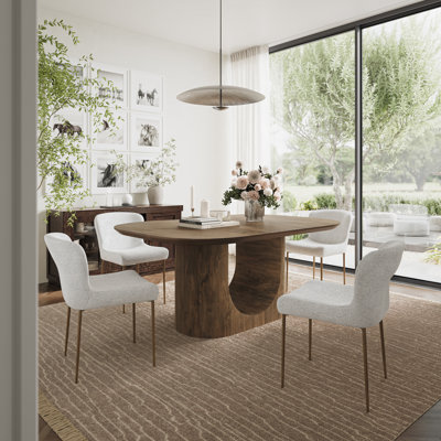 Hamadi Modern Architectural Pedestal Curved Dining Table Set With Performance Fabric Chairs