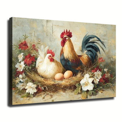 Nature morte florale vintage représentant un coq et une poule avec des œufs dans un nid, grande toile tendue sur châssis pour salon ou chambre.