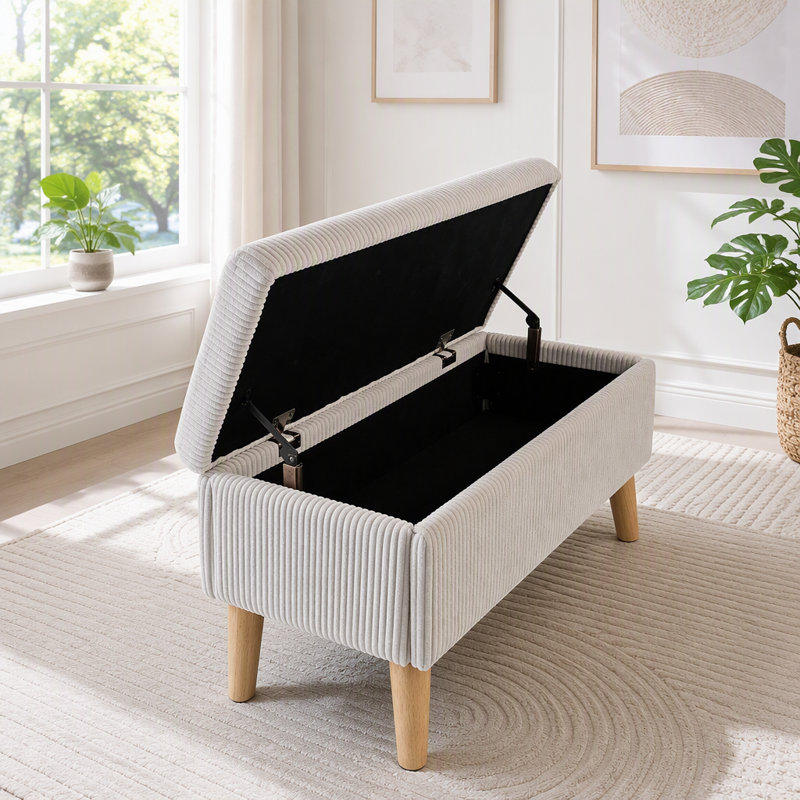 Banc de rangement en velours côtelé 32 pouces avec compartiment rabattable et pieds en bois massif, Beige