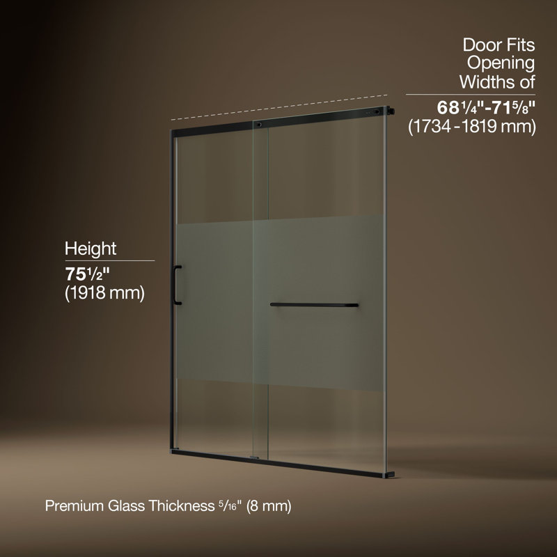 Sliding Shower Door, 75-1/2-In H X 68-1/4 - 71-5/8-In W, With Heavy 5/16-In Thick Crystal Clear Glass With Privacy Band