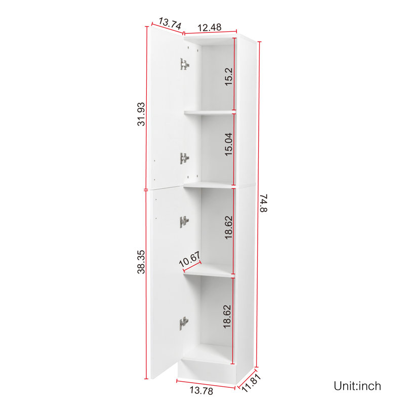 Armoire autoportante étroite avec tablettes réglables et 2 portes pour la cuisine et la salle à manger, Blanc