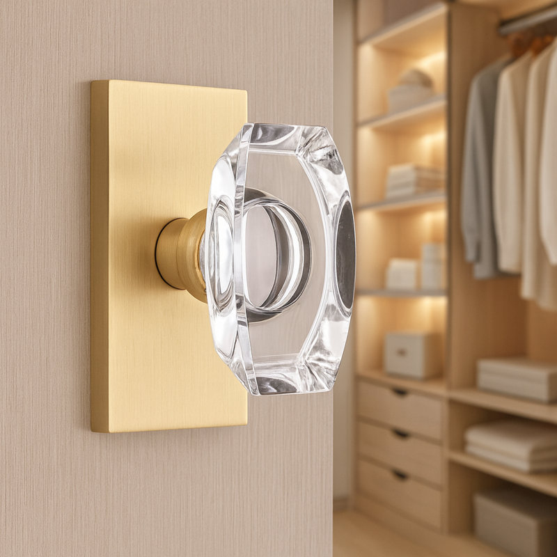 Lucent Crystal Door Knob with Rectangle Backplate, Satin Brass, Satin Brass