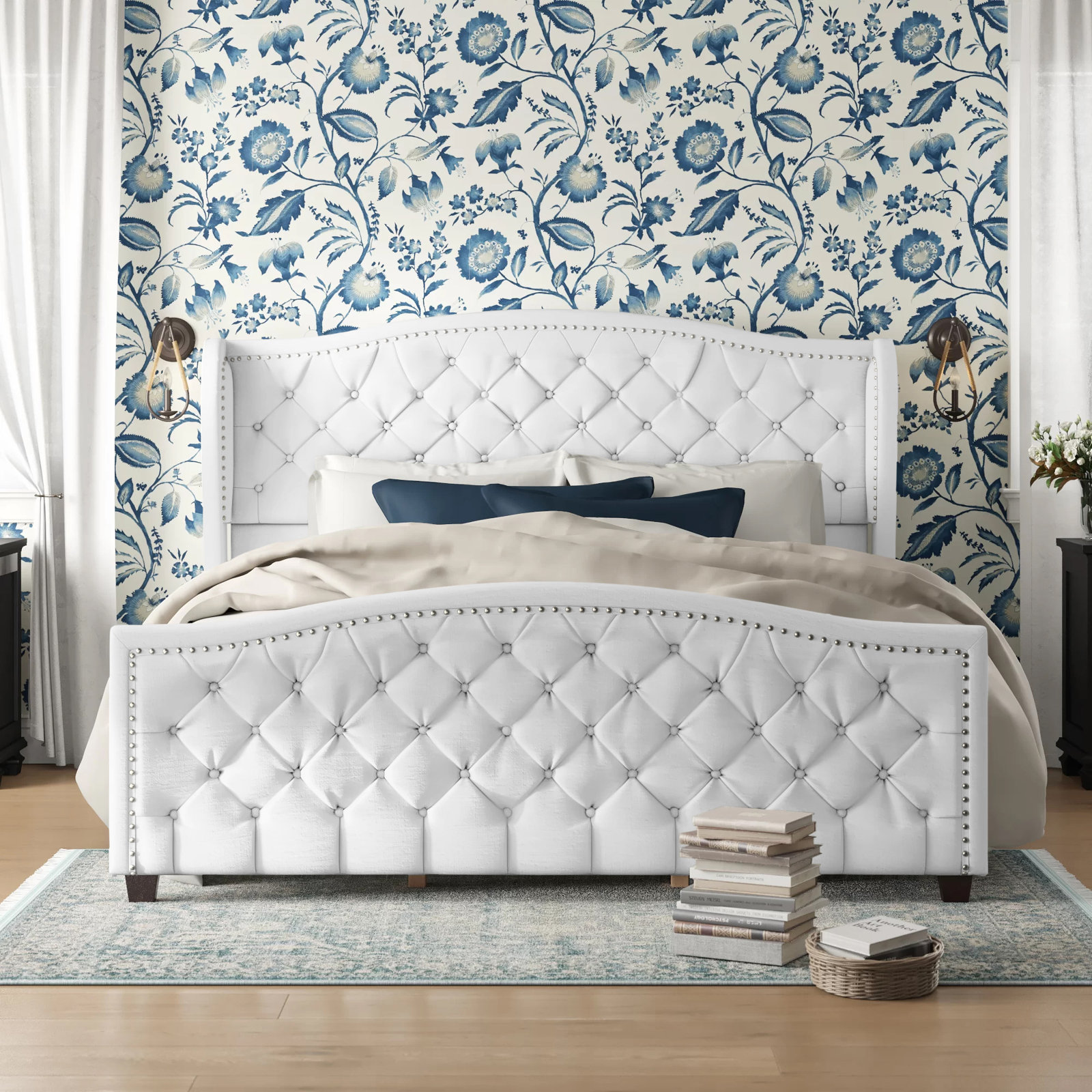 Coleman Velvet Upholstered Wingback Bed, King, Bright White Velvet
