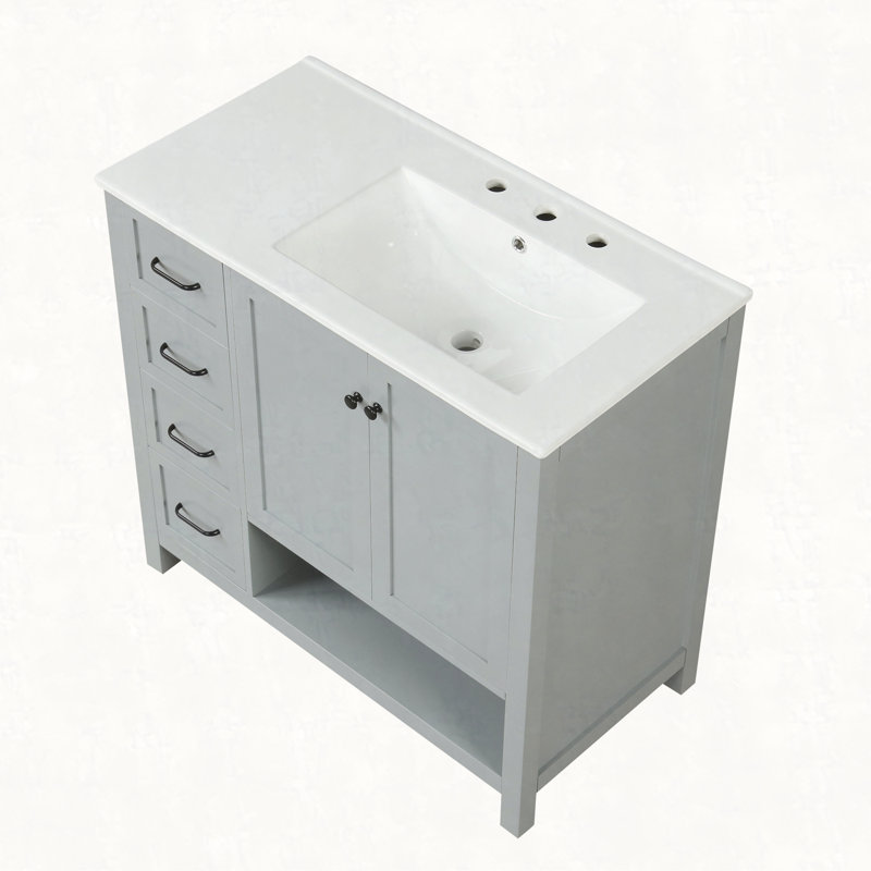 Meuble-lavabo de 36 po avec comptoir d'évier, meuble-lavabo avec deux portes et deux tiroirs, bois massif, tablette ouverte, panneaux de fibres à densité moyenne, un ensemble, 