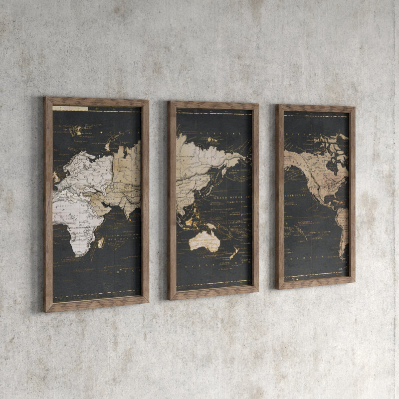 Carte du monde en or et gris par Elizabeth Medley - cadre photo 3 pièces, impression, L 40,5 po x H 25,5 po x P 1 po