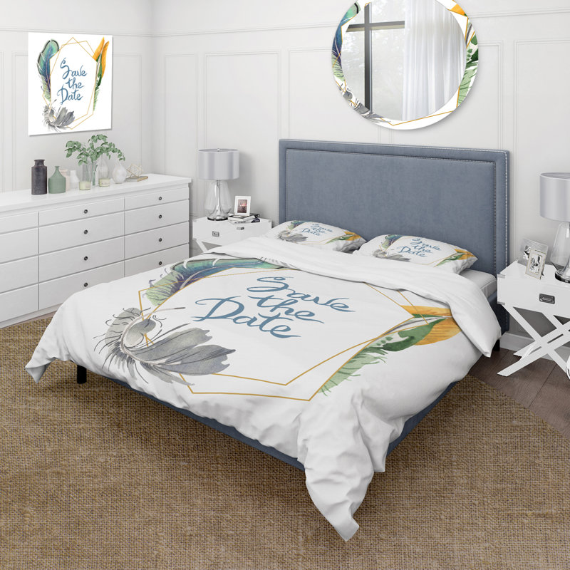 Ensemble de housse de couette bohème et éclectique Bird Feather - Save The Date - microfibre de polyester
