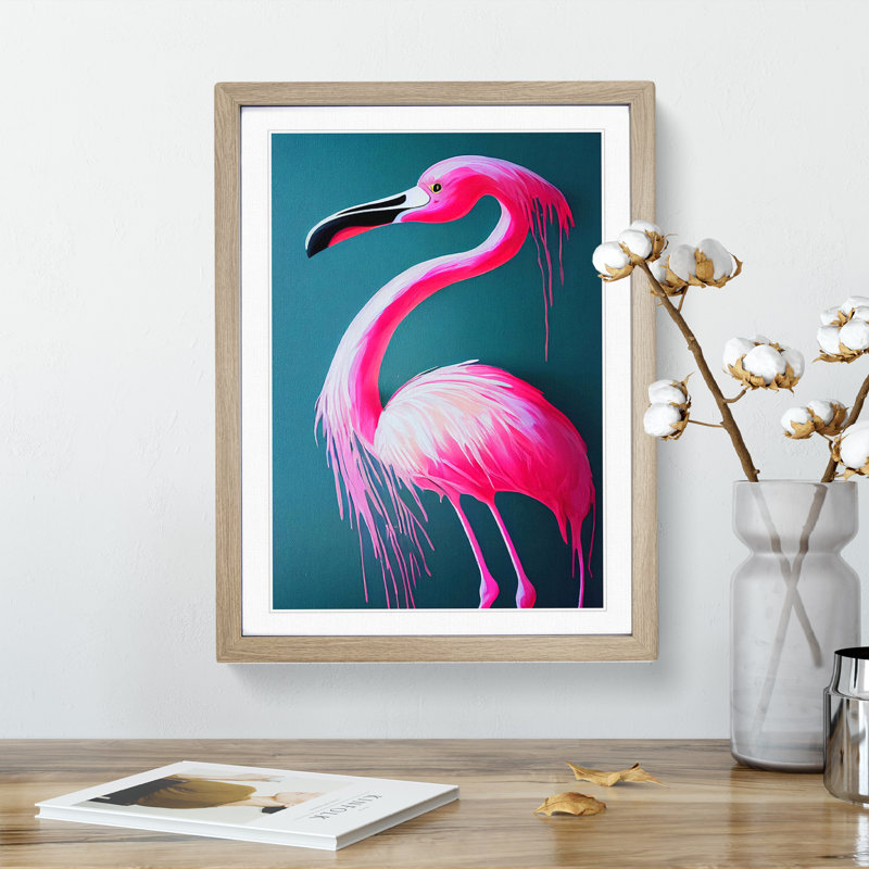 Paint Drip Flamingo - Wall Art, 46cm H x 34cm W x 2cm D, Oak Framed