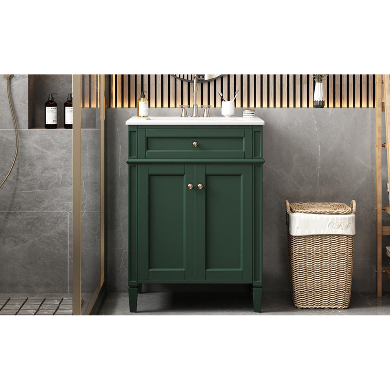 24 meubles de salle de bain de style français avec 2 portes et un tiroir, des solutions de rangement réfléchies, des rails coulissants lisses, des charnières à fermeture en douceur, idéales pour les salles de bain modernes en bois massif, facile à nettoyer