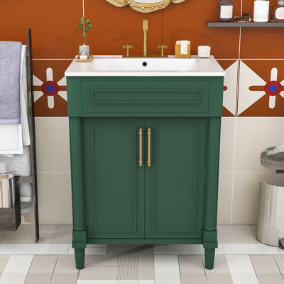 Meuble-lavabo simple contemporain en bois avec lavabo demi-lune en céramique et rangement réglable