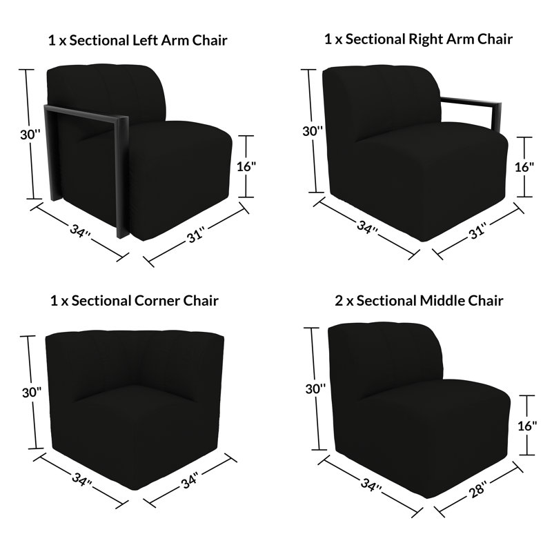 Canapé d'angle moderne en aluminium à structure ouverte, 5 pièces, recouvert de tissu Sunbrella, Sunbrella® toile noire