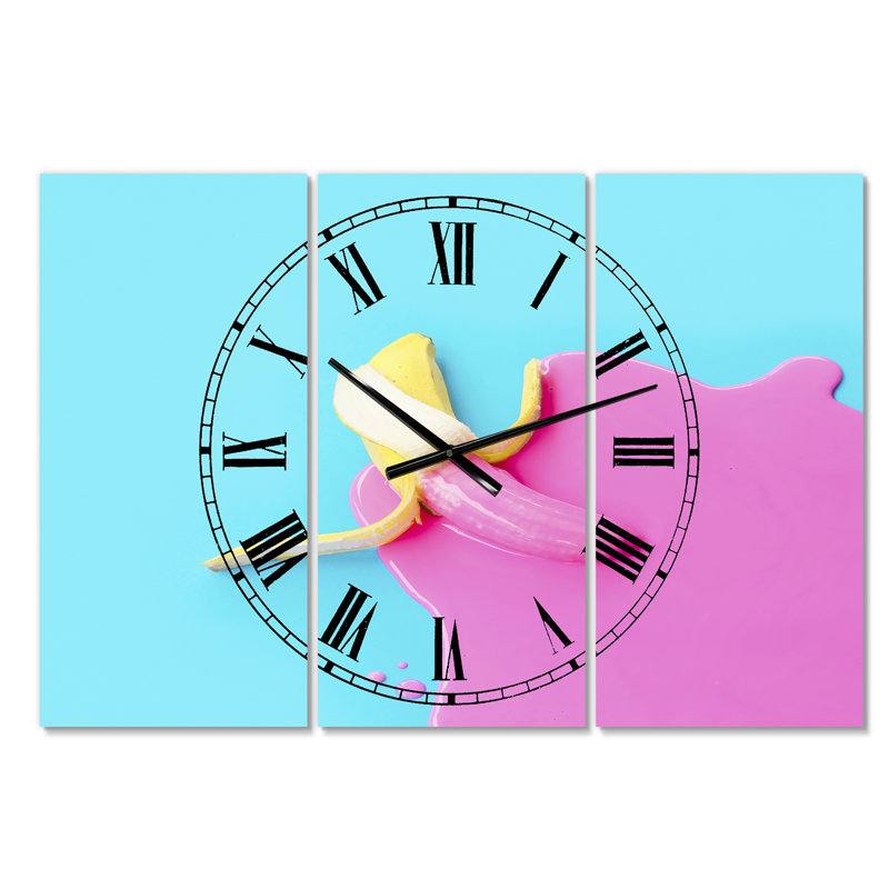 Horloge murale 3 panneaux Banana rose et bleu