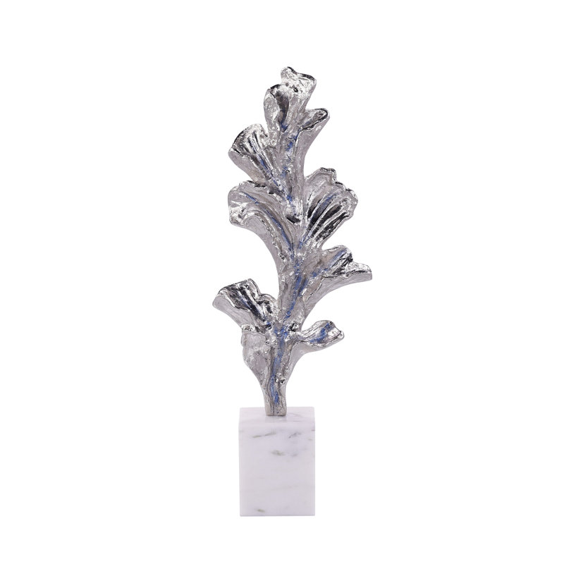 Gleaming Leaf Sculpture On Marble Base, Medium Silver
