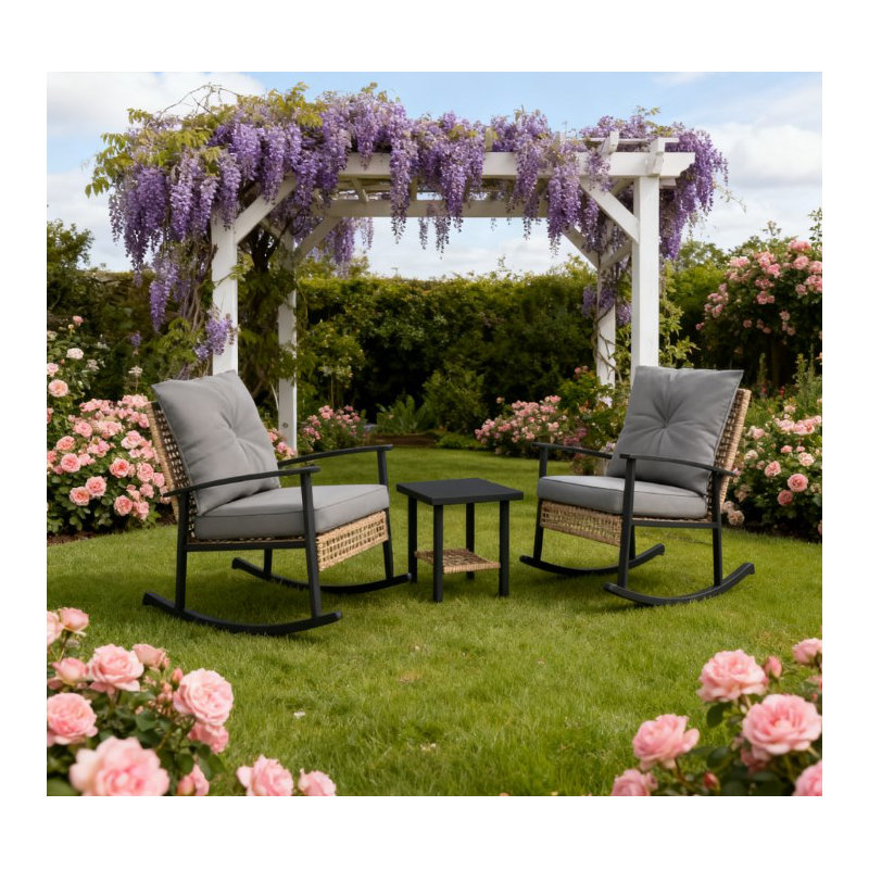 Button Tufted Cushions With Patio Furniture Set, Rattan Rocking Chairs, Coffee Table, Gray