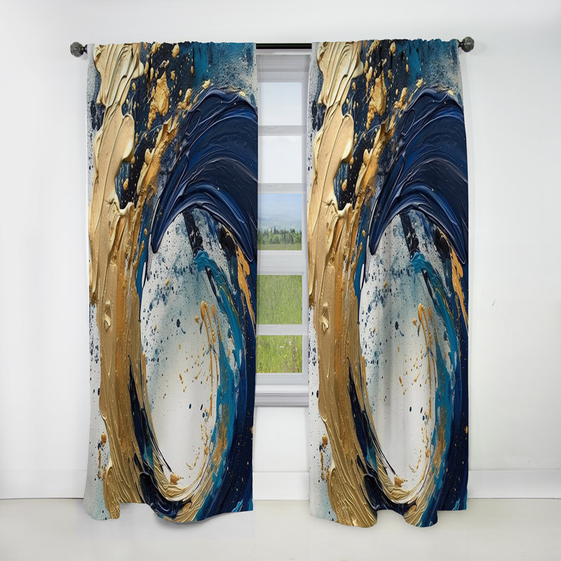 Rideau abstrait occultant moderne bleu foncé et or VI - 1 panneau, L 52 po x L 120 po