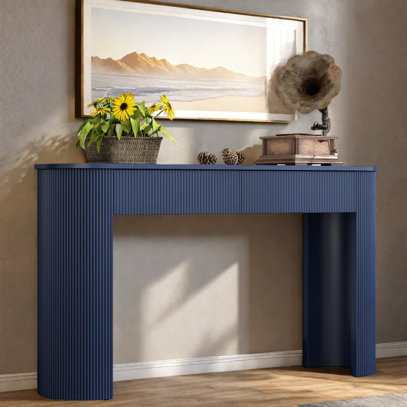 Modern Console Table With Oval Top, 2 Drawers And Fluted Design, Navy