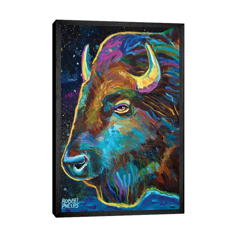 Galactic Buffalo by Robert Phelps - Painting on Canvas, 101.6cm H x 66.04cm W x 3.81cm D, Black Framed