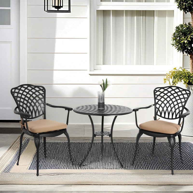 Ensemble de patio d'extérieur 3 pièces en fonte d'aluminium avec coussin et accoudoirs, Noir / brun