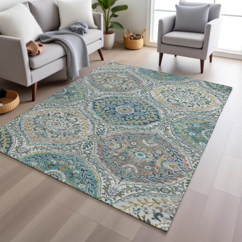 Machine Washable Indoor/Outdoor Xhevrie Teal Rug, Rectangle 2'6" x 3'10"