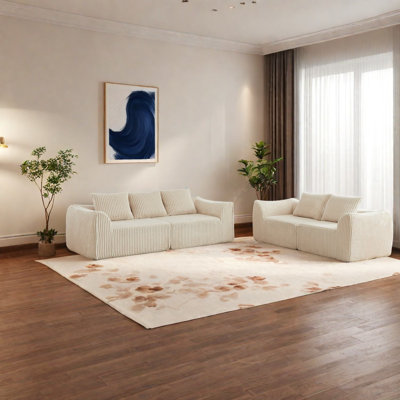Ensemble de canapés à compression 3 plus 2 en velours côtelé beige pour famille