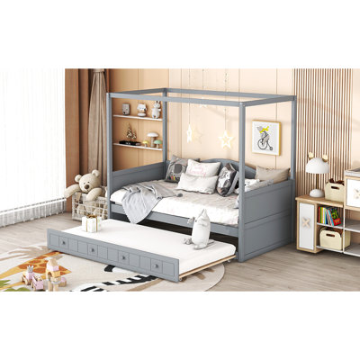 Twin Size Canopy Day Bed With Gray Trundle, Timeless Design, Comfortable Bed, Four Columns, 77.6"L X 41.3"W 66.1"H Sleek Profile, Private Space, Construction,