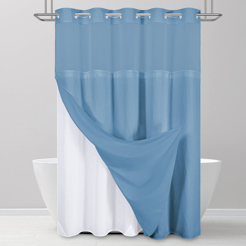 Waffle Instant Install Hook Shower Curtain with Snap-in Liner and Mesh Top Window, Modern Simple Elegant Fabric Shower Curtain Set for Bathroom