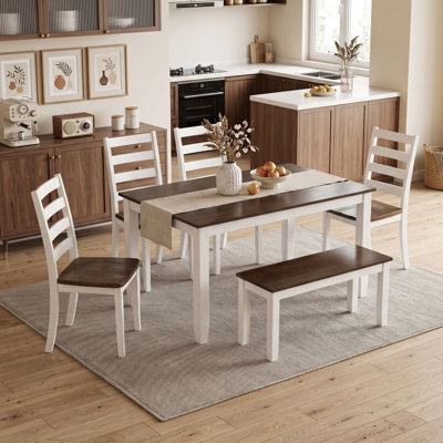 Rustic 6-Piece Wood Dining Room Set with Rectangle Table, Four Ergonomic Chairs and Bench for Kitchen