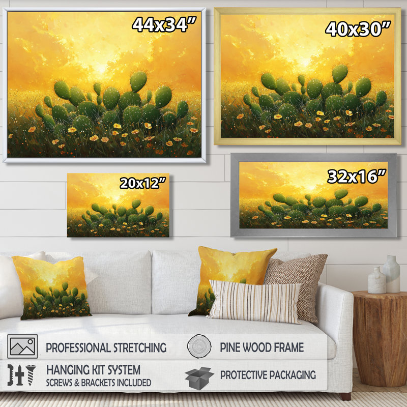 Cactus dans la lumière dorée III - cactus, art mural, H 34 po x l 44 po, Cadre simple, Noir