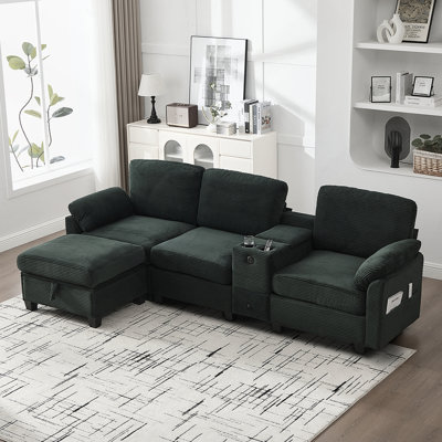 Canapé en velours côtelé multifonctionnel de type L à 4 places, porte-gobelet, port USB, boîte de rangement, console mobile et rangement pour repose-pieds
