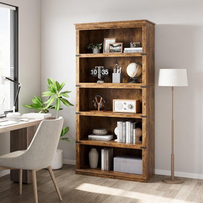 5-Tier Wooden Bookshelf with Storage, Farmhouse Style Bookcase for Living Room & Home Office, 67.4" Tall Oak Shelf