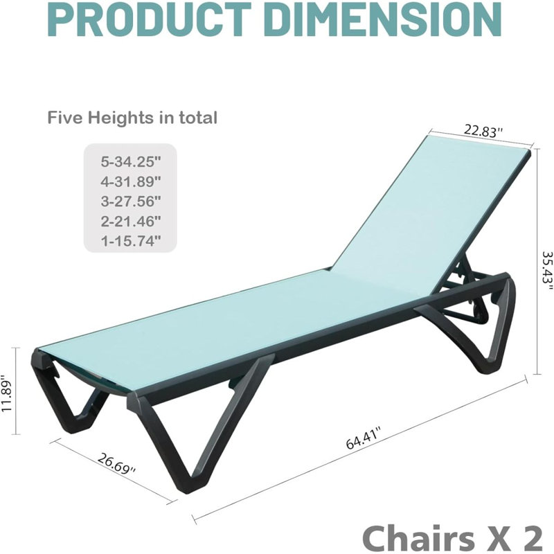 Outdoor Lounge Chair, 2 Pieces Aluminum Plastic Patio Chaise Lounge With 5 Position Adjustable Backrest And Wheels, All Weather Reclining Chair For Outdoor, Beach, Yard, Pool, Lake Blue