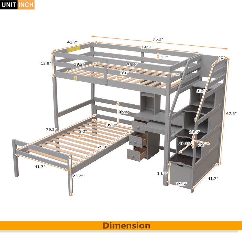 Lit mezzanine simple avec lit autonome, escalier de rangement, bureau, tablettes et tiroirs, Gris