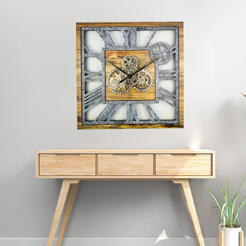 Oversized Square Wood and Stone Gear Wall Clock