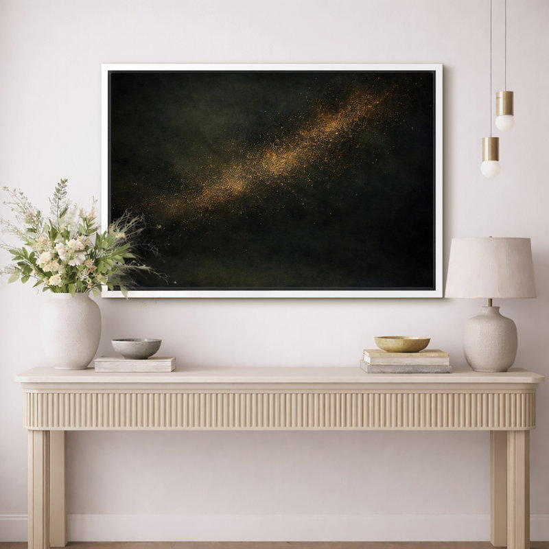Abstract Gold Dust Galaxy Composition Artwork, Luxury Living Room Pictures, Framed Canvas Giclee Print Wall Art, White Frame