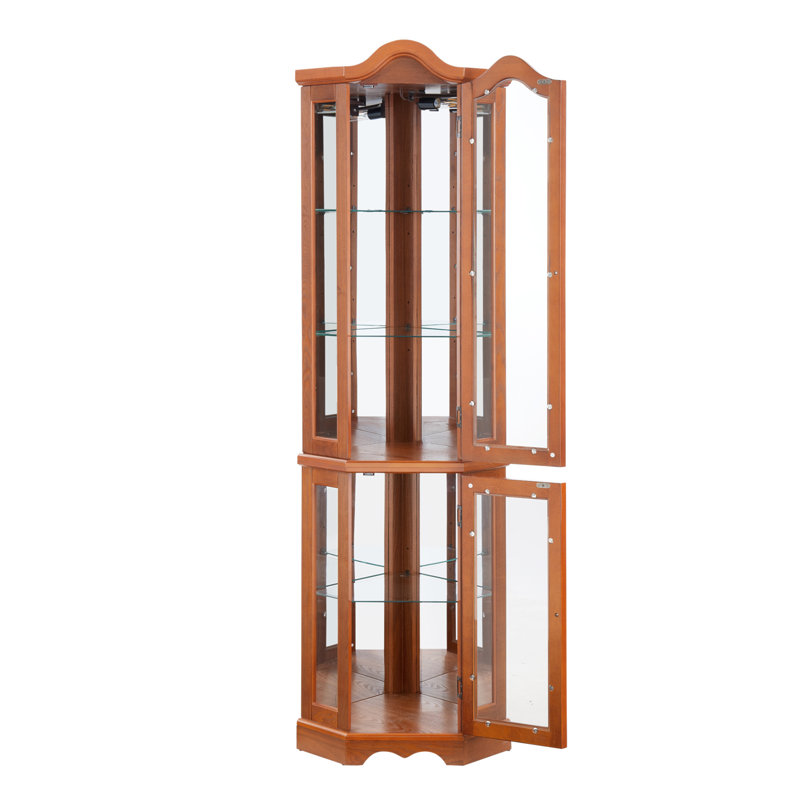 Curio Cabinet Lighted Glass Display With Tempered Glass Doors, Adjustable Shelves, And Elegant Crown For Corner Storage, Oak