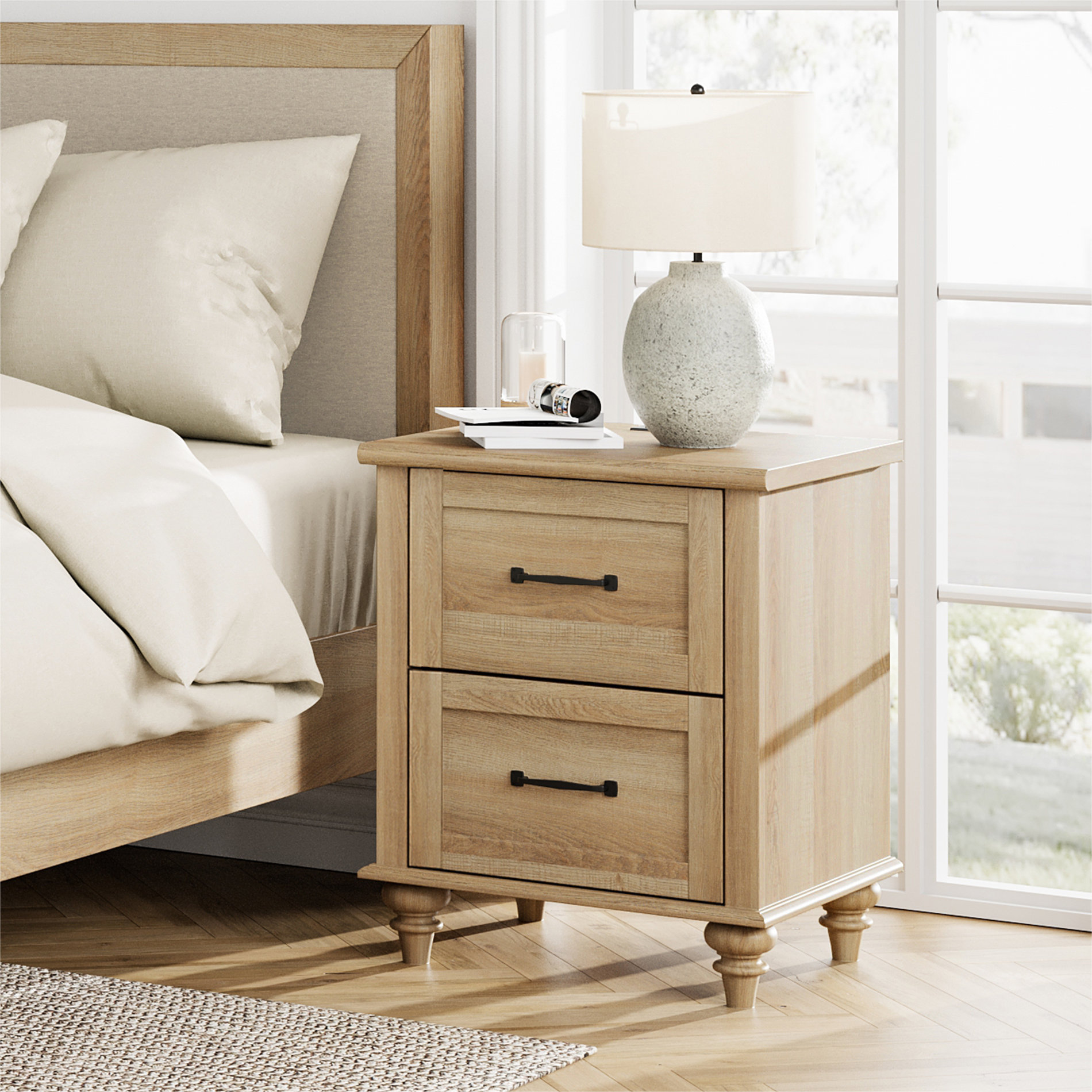 Scarlett 2 Drawer End Table and Built in Outlets Sand Stable Top Color Base Color Antique Oak Top Oak Base