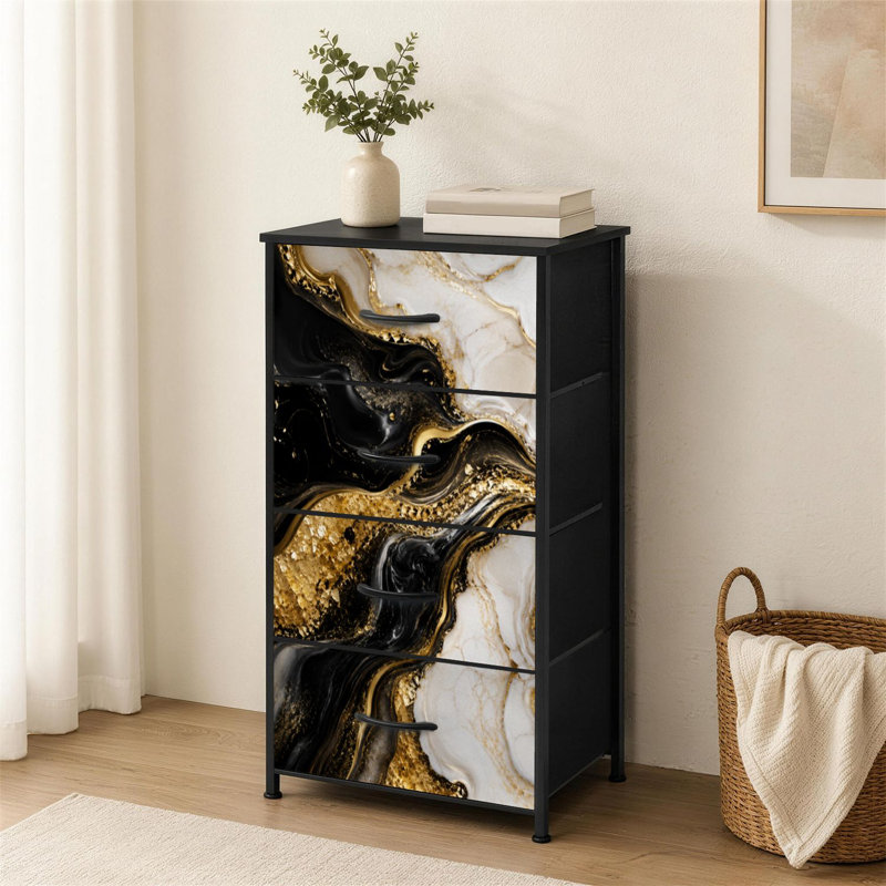 Commode à 4 tiroirs pour chambre à coucher Noir or blanc liquide abstrait 3D marbré doré incrusté de veines lignes Petite commode à vêtements haute pour organisateurs de placard avec commode