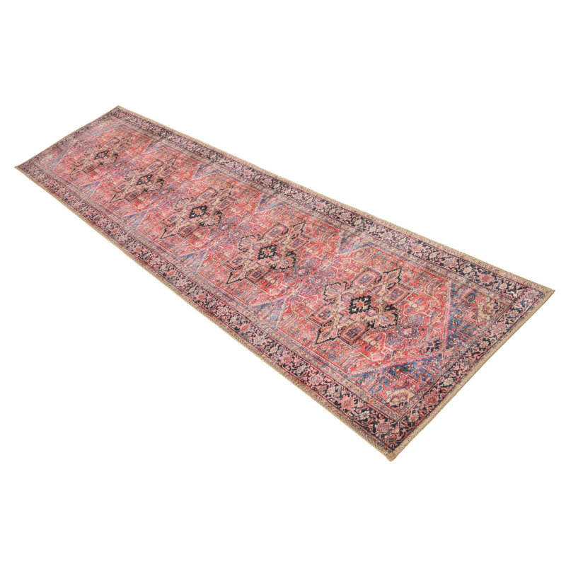 Tapis traditionnel de couleur rouge-bleu marine, Tapis de couloir 2 pi x 8 pi