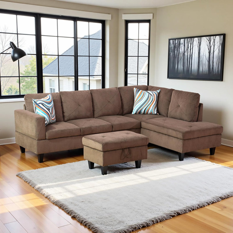3-Piece Sackcloth Fabric Sectional Sofa, Right Hand Facing