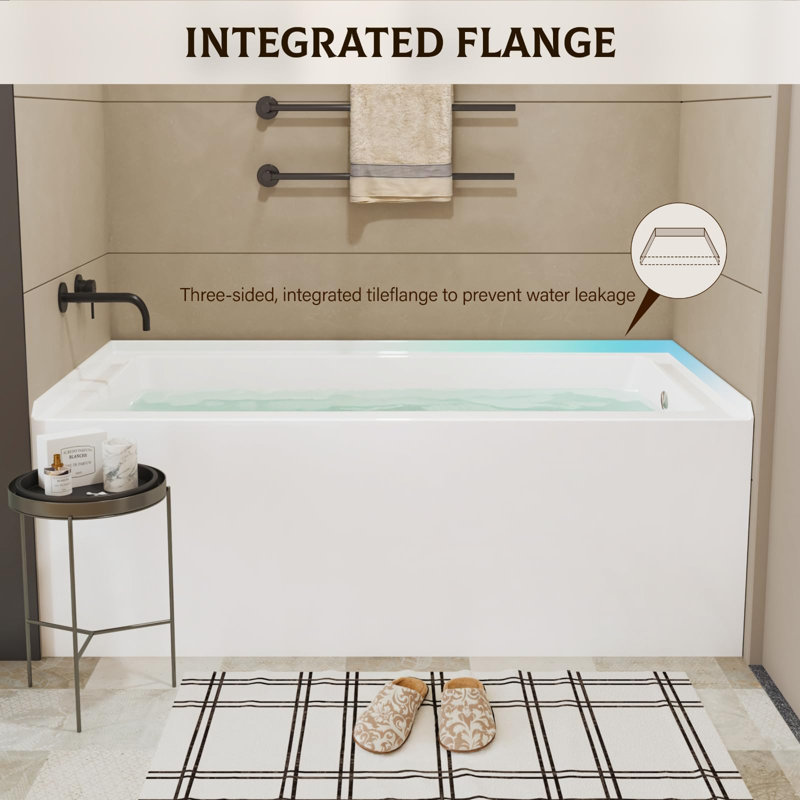 Baignoire de trempage rectangulaire en alcôve de 60 po en acrylique avec drain à droite, bonde escamotable chromée incluse